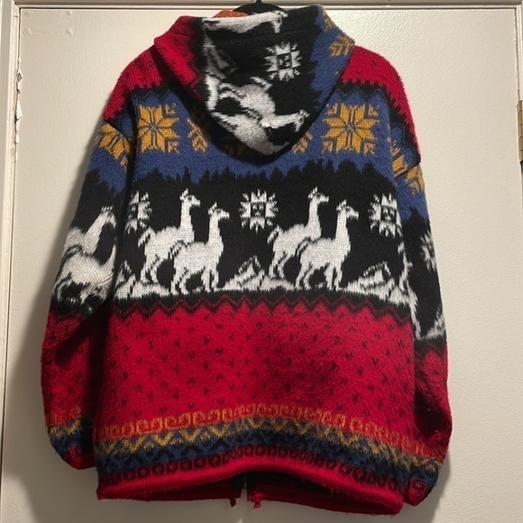 𝅺Yari Artesanias Multicolored Hooded Wool Zip Drawstring Llama Sweater Jacket - Picture 6 of 8